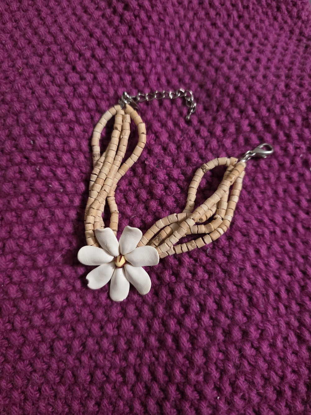 Beaded Beige Floral Bracelet with White Flower Accent